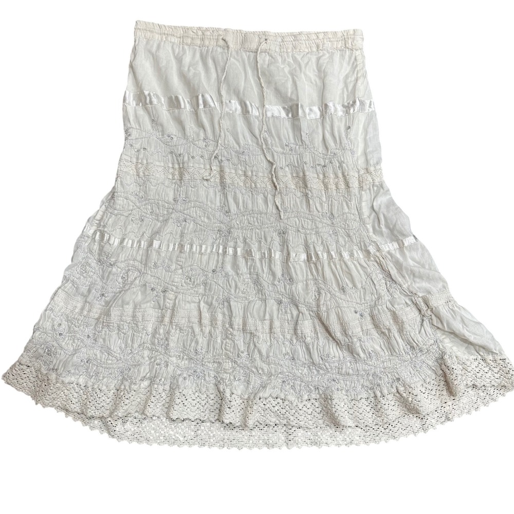 Signature Ivory Cotton Gauze Tiered Peasant Midi Skirt Crochet Lace Sequin PM